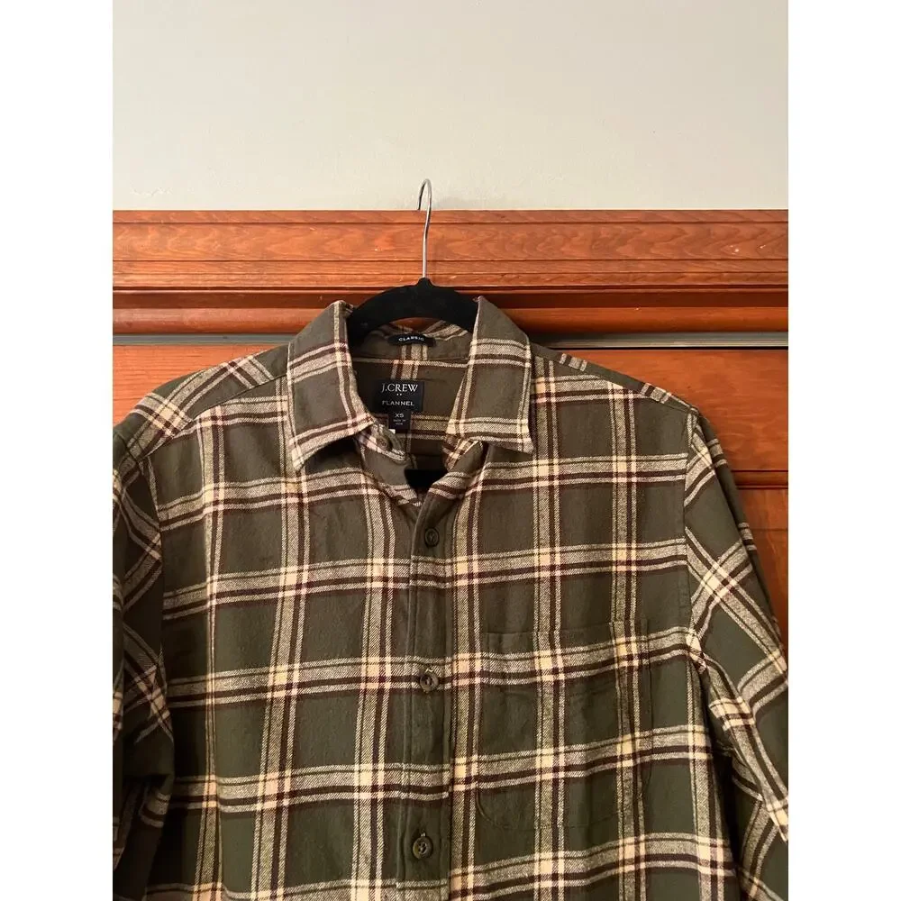 NWT J. Crew Men's Classic Flannel Shirt Plaid Spanish Moss Green Pale Oak SZ XS